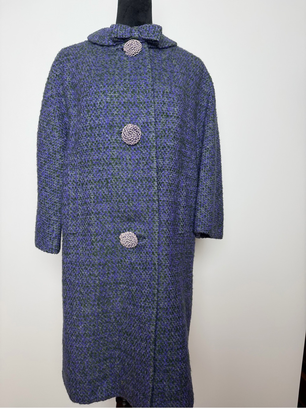 VTG Peck & Peck Purple and Green Tweed Long Coat with Statement Buttons